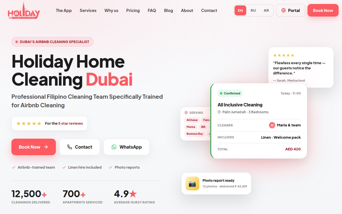 Holiday Home Cleaning website homepage